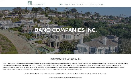 Aerial view of residential neighborhood with overlay text "Dano Companies Inc." and a short welcoming paragraph below.
