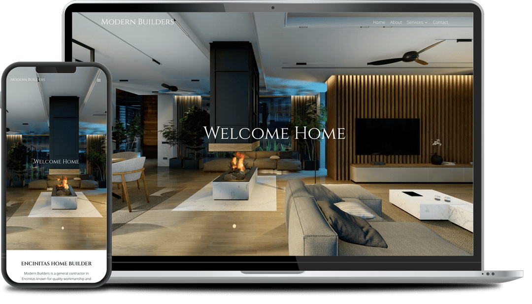 architects-laptop-mockup A modern home interior webpage displayed on a laptop and smartphone, showcasing a spacious living area with wooden accents, a fireplace, and contemporary furniture. Text reads "Welcome Home.