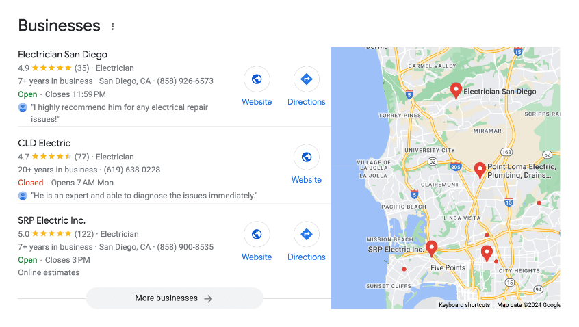 business-google-screenshot A Google search results page showing three electricians in San Diego with ratings, contact details, and a map on the right with pins at various locations.