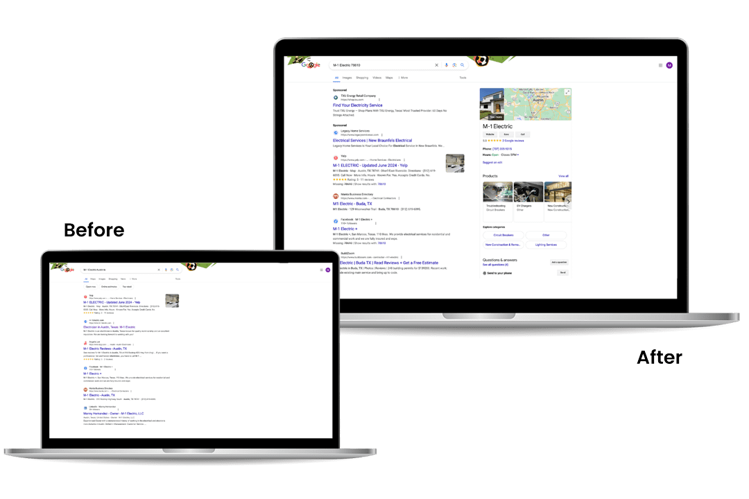 Side-by-side comparison of search engine results before and after optimization. The "before" laptop shows fewer details, while the "after" laptop exhibits a more enhanced and detailed search display.