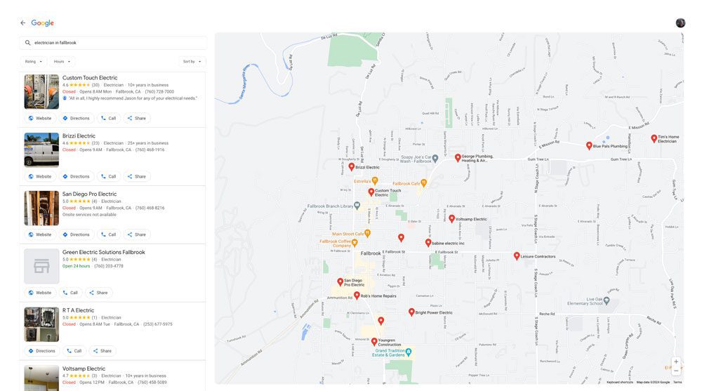 google-search-screenshot A Google Maps search results page showing various electrical services locations in Fallbrook, CA, marked with red location pins. Listings with reviews are displayed on the left side.