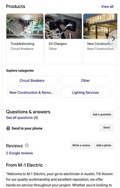 Screenshot of a webpage featuring products for circuit breakers, EV chargers, and new construction. Sections include Questions & Answers, Reviews, and a description of M-1 Electric's services in Austin, TX.