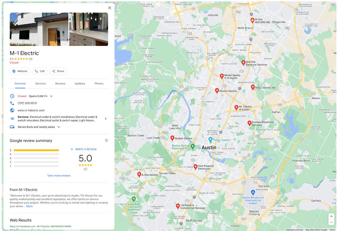 Screenshot of Google Maps showing M-1 Electric's business listing with a 5-star rating and contact details. The map displays the Austin, TX area with marked locations.