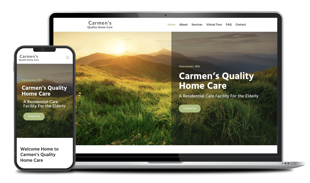 A laptop and smartphone displaying the homepage of Carmen's Quality Home Care website, highlighting its services as a residential care facility for the elderly, set against a scenic landscape background.