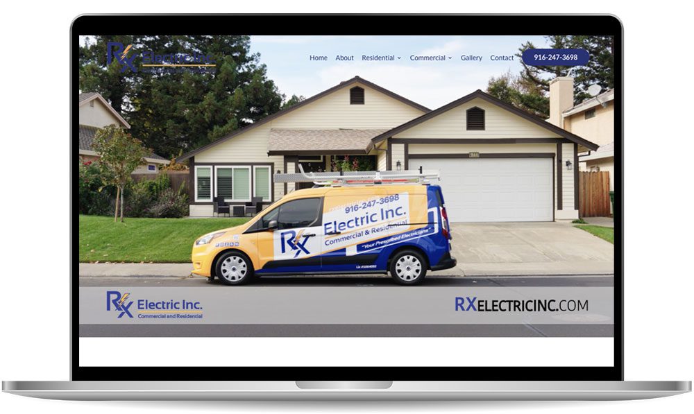 A laptop screen displaying a website with a house and an RX Electric Inc. van in front. The website header includes links for Home, About, Residential, Commercial, Gallery, and Contact.