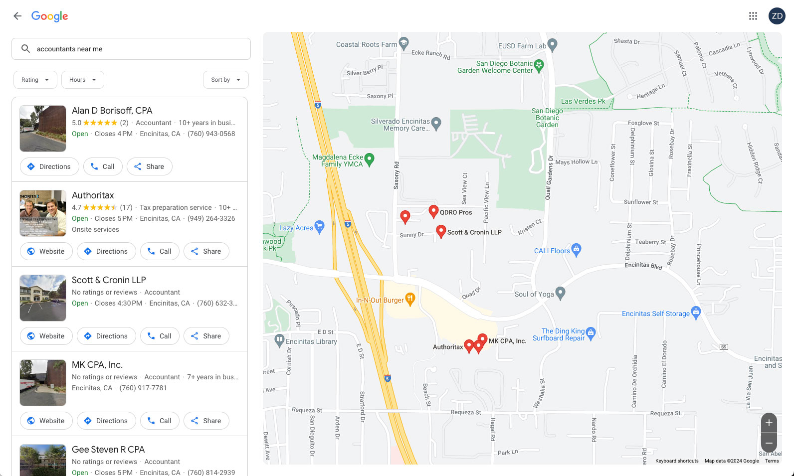 screen-edit Google Maps search results for "accountants near me" in Encinitas, CA, showing a map with several pins and a list of accounting firms on the left.